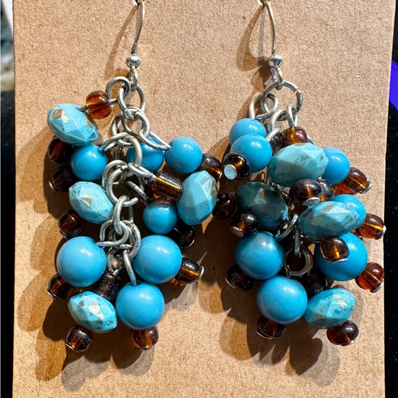 Jewelry - Turquoise Blue Beaded Cluster Dangle Earrings Silver Hook Boho Southwestern Boho